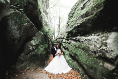 Birbirlerine aşık düğün çifti güzel manzarada kayaların yanında öpüşüyor ve sarılıyorlar..
