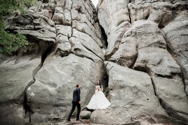 Великолепная Невеста Позирующая Груму Веселящаяся Гор Изумительным Видом Место Текста — стоковое фото