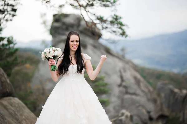 Bella Sposa Posa Vicino Rocce Sullo Sfondo Montagne — Foto Stock