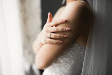 Tüylü, lüks makyaj, saç stili, stüdyo içi fotoğraf çekimi olan güzel bir gelin..