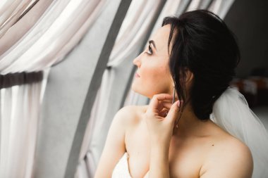 Tüylü, lüks makyaj, saç stili, stüdyo içi fotoğraf çekimi olan güzel bir gelin..