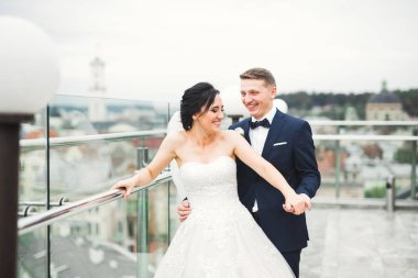 Romantik düğün anı, yeni evli çiftin gülümseyen portresi, gelin ve damadın kucaklaşması.