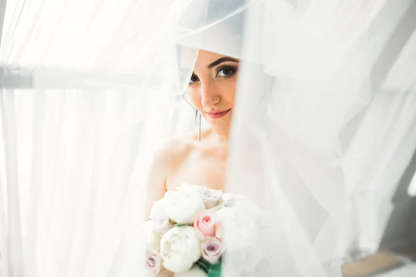 Portret Van Een Prachtige Bruid Met Lang Haar Poseren Met — Stockfoto