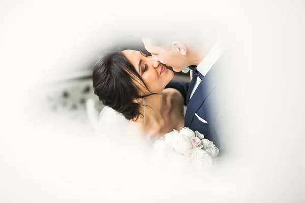 Piękna Panna Młoda Pan Młody Obejmujący Całujący Się Dniu Ślubu — Zdjęcie stockowe