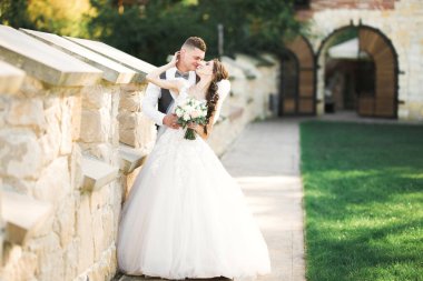 Doğadaki düğün çifti birbirine sarılıyor. Beyaz elbiseli güzel bir kız. Takım elbiseli adam.