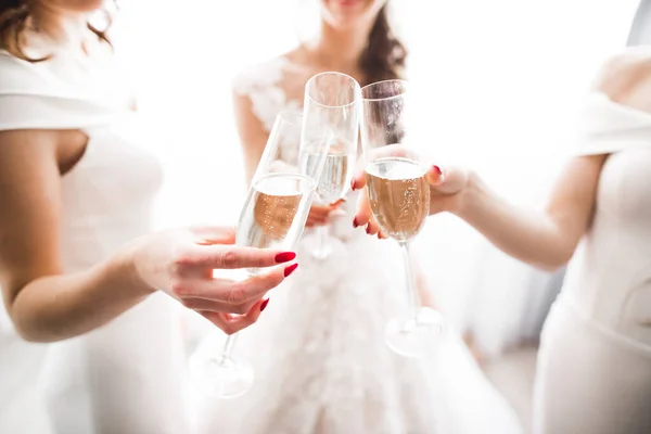 Foto Sposa Con Suoi Amici Bere Champagne Bicchieri — Foto Stock