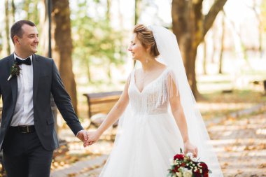 Düğün günü el ele tutuşan çift, damat ve gelin..