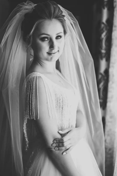 Beautiful Bride Wearing Fashion Wedding Dress Feathers Luxury Delight Make — Stock Photo, Image
