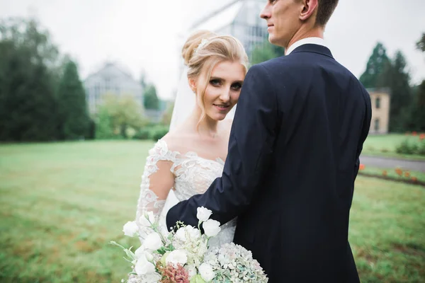 自然界の結婚式のカップルがお互いに抱き合っている 白いドレスの美しいモデルの女の子 スーツの男 — ストック写真