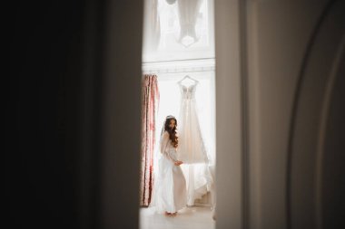 Tüylü, lüks makyaj, saç stili, stüdyo içi fotoğraf çekimi olan güzel bir gelin..