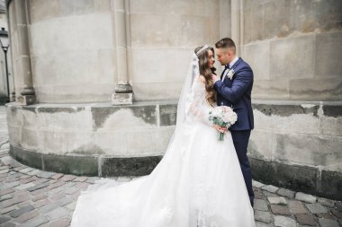 Lüks evli çift, gelin ve damat eski şehirde poz veriyor..