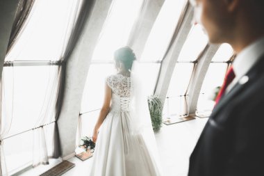 Lüks evli çift, gelin ve damat eski şehirde poz veriyor..