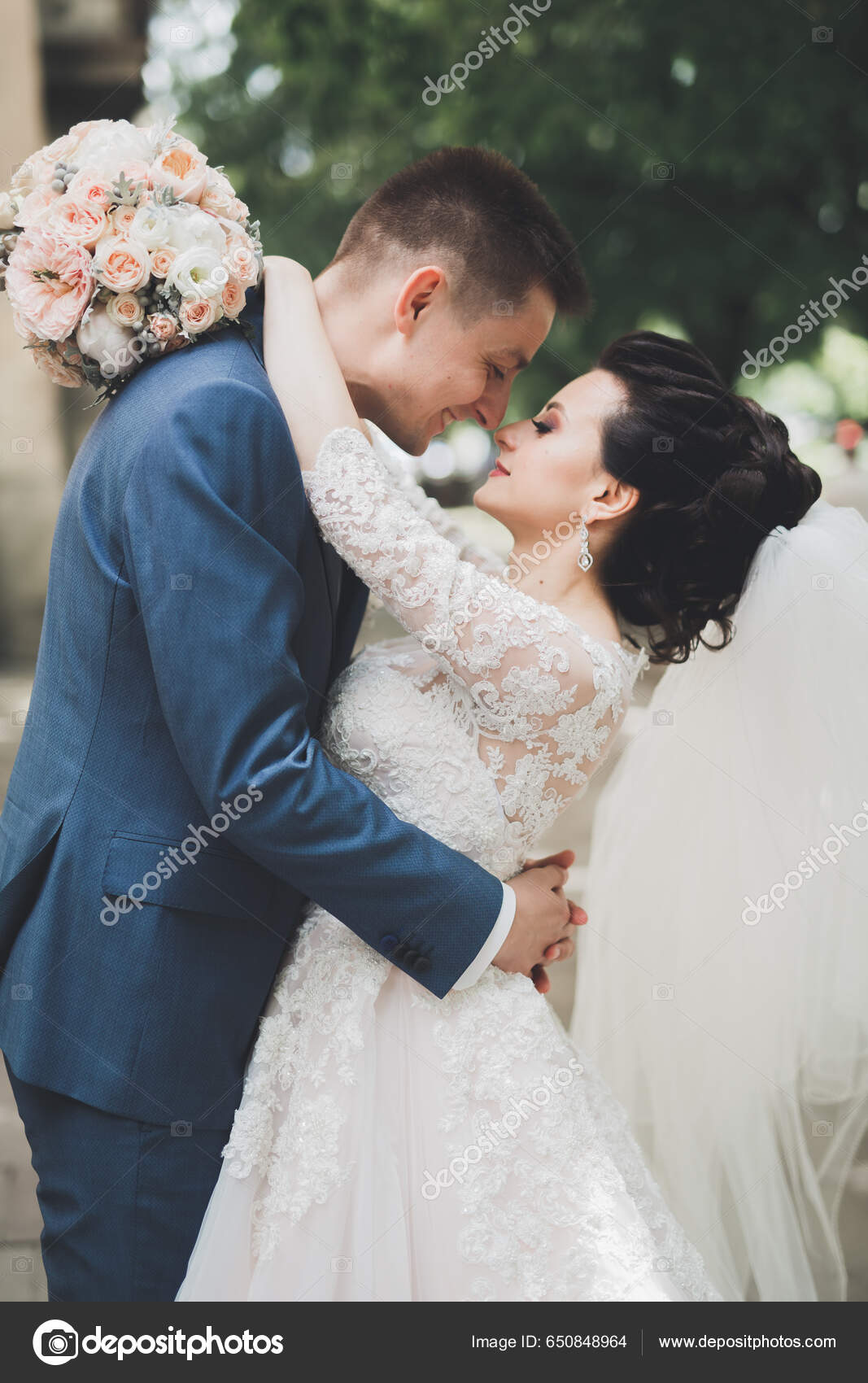 Lovely Happy Wedding Couple Bride Long White Dress Posing