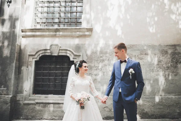 Szép Boldog Házaspár Menyasszony Hosszú Fehér Ruha Pózol Gyönyörű Városban — Stock Fotó