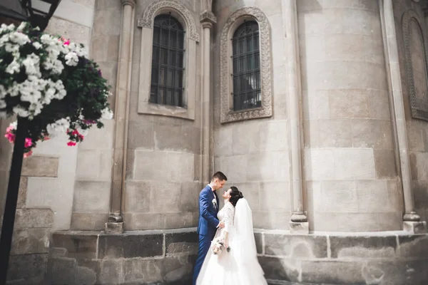 完璧なカップル花嫁 新郎ポージングとキスで彼らの結婚式の日 — ストック写真
