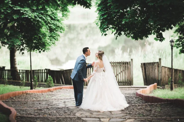 Красивая Молодая Свадебная Пара Позирует Букетом Цветов Руках — стоковое фото