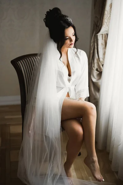 Gorgeous Bride Robe Posing Preparing Wedding Ceremony Face Room — Stock Photo, Image