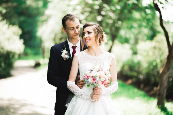 Piękny Romantyczny Ślub Para Nowożeńców Przytulających Się Parku — Zdjęcie stockowe