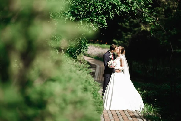 美しい花嫁と新郎の抱擁とキスで彼らの結婚式の日屋外 — ストック写真