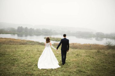 Düğün günü el ele tutuşan çift, damat ve gelin..