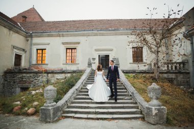 Düğün günü el ele tutuşan çift, damat ve gelin..