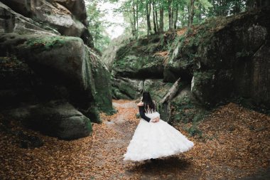 Dağların arka planında sevgi dolu bir koca ve kadın. Sevgili çift duygusal olarak vakit geçirir..