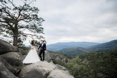 Harika bir gelin damada poz veriyor ve harika manzaralı dağlarda eğleniyor. Mesajlaşacak yer, düğün çifti..