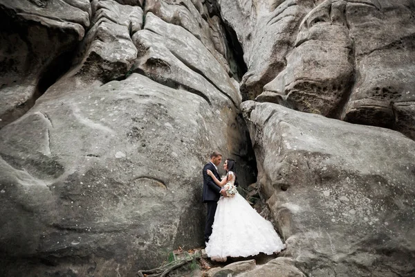 Dağların Arka Planında Sevgi Dolu Bir Koca Kadın Sevgili Çift — Stok fotoğraf