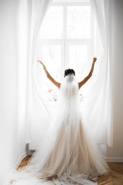 Πανέμορφη Νύφη Ρόμπα Ποζάρει Και Ετοιμάζεται Για Την Γαμήλια Τελετή — Φωτογραφία Αρχείου