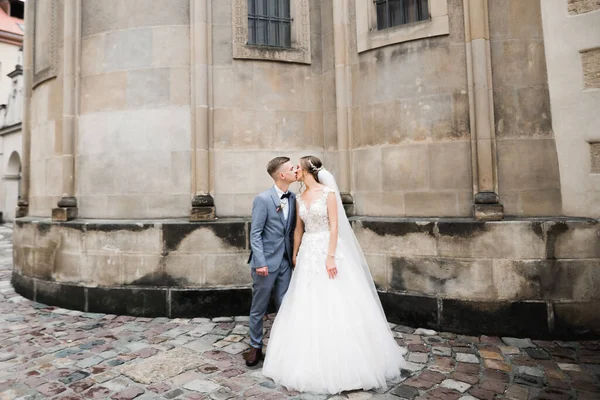 Schöne Braut Und Bräutigam Umarmen Und Küssen Sich Hochzeitstag Freien — Stockfoto