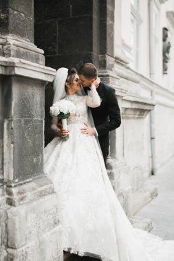 Güzel gelin ve damat evlendikleri gün kucaklaşıp öpüşüyorlar..