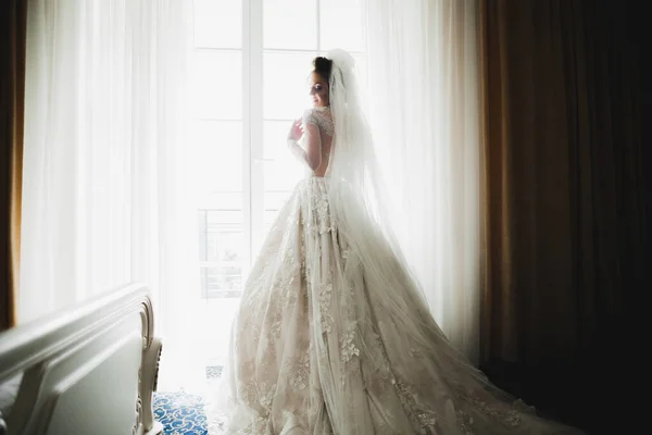Schönheits Porträt Der Braut Trägt Modische Brautkleid Mit Federn Mit — Stockfoto