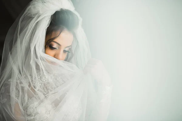 Bela Noiva Vestindo Vestido Noiva Moda Com Penas Com Deleite — Fotografia de Stock