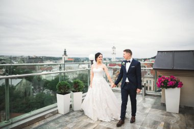 Düğün günü el ele tutuşan çift, damat ve gelin..