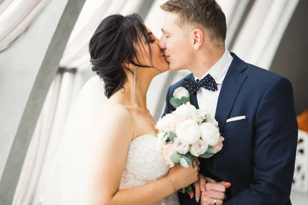 Όμορφη Νύφη Και Γαμπρός Αγκαλιάζουν Και Φιλιούνται Την Ημέρα Του — Φωτογραφία Αρχείου