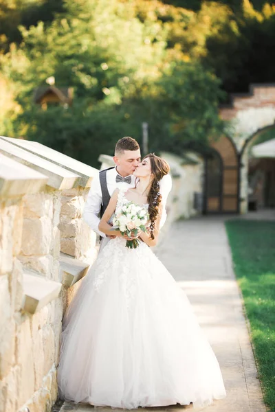 Прекрасные Невеста Жених Обнимаются Целуются День Свадьбы — стоковое фото