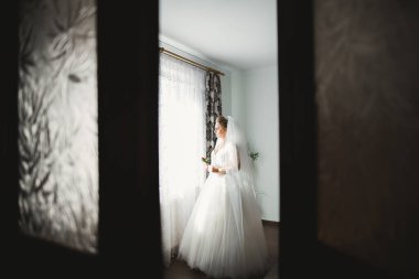 Tüylü, lüks makyaj, saç stili, stüdyo içi fotoğraf çekimi olan güzel bir gelin..