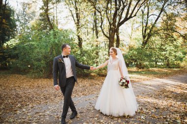 Düğün günü el ele tutuşan çift, damat ve gelin..