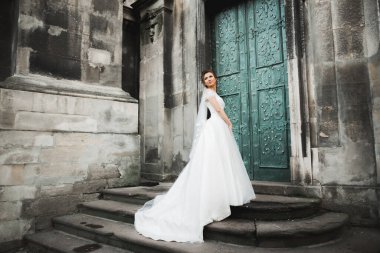 Gelinin güzel portresi moda gelinliği içinde tüylü, lüks makyaj ve saç stili..