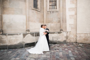 Romantik düğün anı, yeni evli çiftin gülümseyen portresi, gelin ve damadın kucaklaşması.