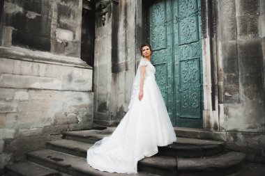 Gelinin güzel portresi moda gelinliği içinde tüylü, lüks makyaj ve saç stili..