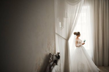 Tüylü, lüks makyaj, saç stili, stüdyo içi fotoğraf çekimi olan güzel bir gelin..