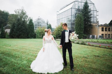 Düğün günü el ele tutuşan çift, damat ve gelin..