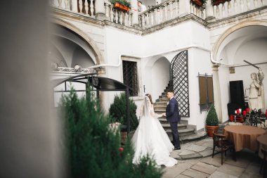 Sevgi dolu bir düğün çifti Lviv şehrinin sokaklarında yürüyor..