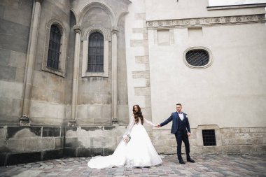 Düğün günü el ele tutuşan çift, damat ve gelin..