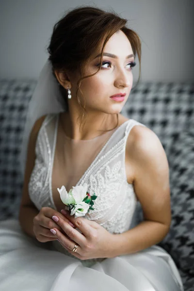Portré Egy Gyönyörű Divat Menyasszony Édes Érzéki Esküvői Smink Haj — Stock Fotó