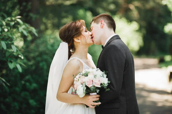 Όμορφη Νύφη Και Γαμπρός Αγκαλιάζουν Και Φιλιούνται Την Ημέρα Του — Φωτογραφία Αρχείου