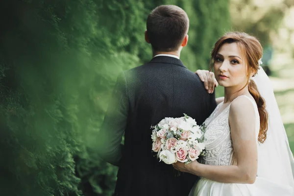 Okouzlující Ženich Šťastný Svatba Pár Dokonalá Nevěsta Pózuje Parku — Stock fotografie