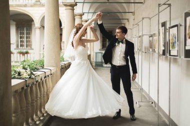 Mükemmel bir çift gelin ve damat düğün günlerinde poz verip öpüşürler..