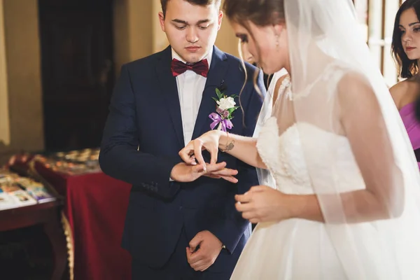 新娘和新郎交换结婚戒指 新婚夫妇正式仪式 — 图库照片